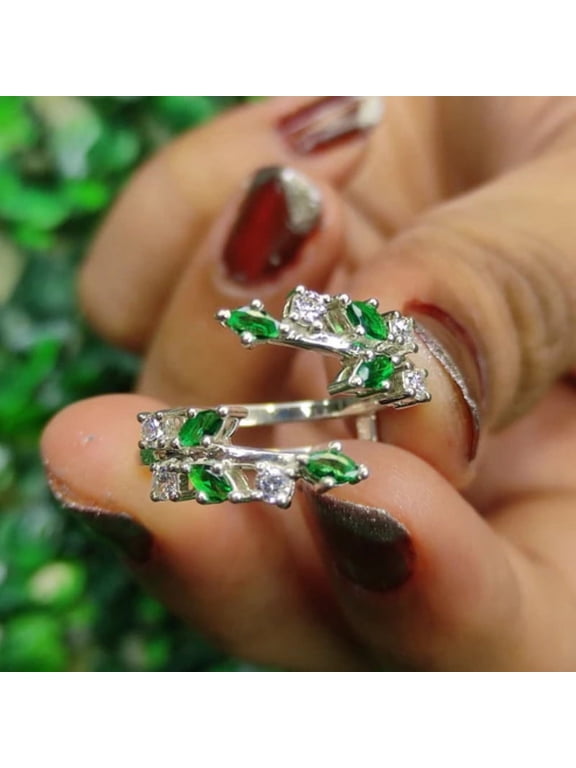 0.25Ct Green Emerald and White Diamond Open Ring Enhancer- Leaf Ring Guard in 925 Sterling Silver