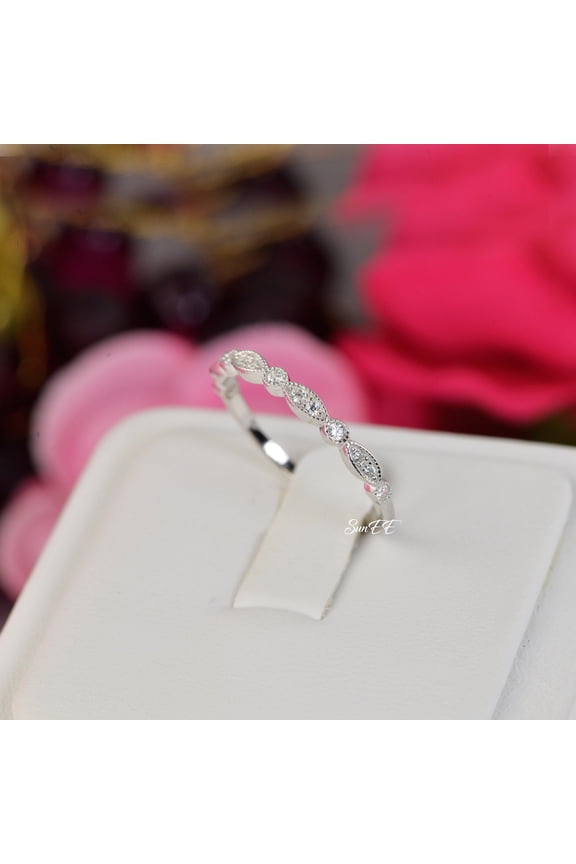0.26ct Art Deco Band Half Eternity Promise Ring Diamond Simulated 925 Sterling Silver Wedding Ring SKU:00199