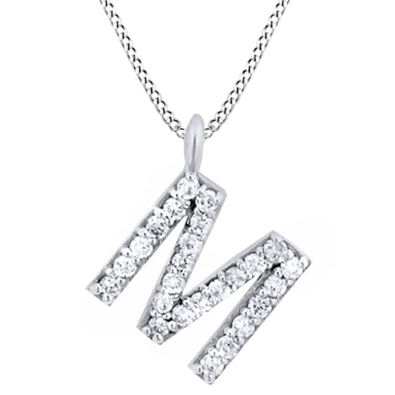 AFFY 0.28 Ct Natural Diamond M Initial Letter Pedant Necklace In 14K Solid White Gold