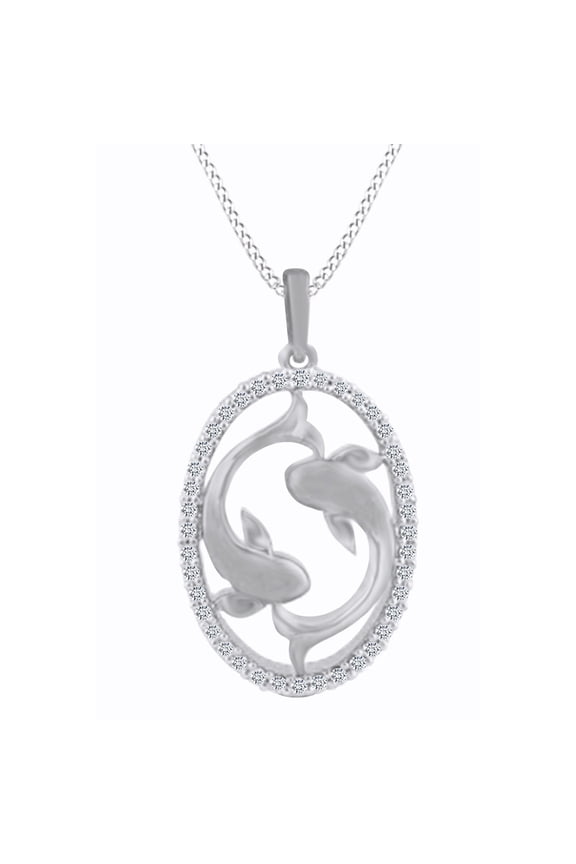 0.28 Cttw Natural Diamond Oval Fish Pendant Necklace 14k White Gold