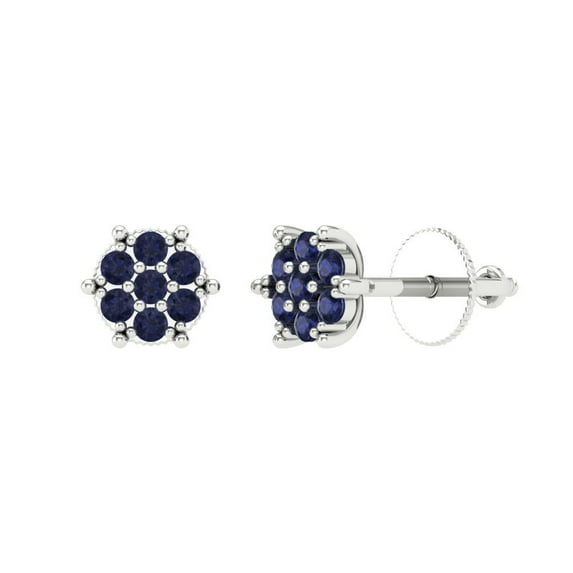 14K Solid Gold Screw Back Stud Earrings for Women | 0.35 cttw Round Cut Simulated Blue Sapphire | White Gold