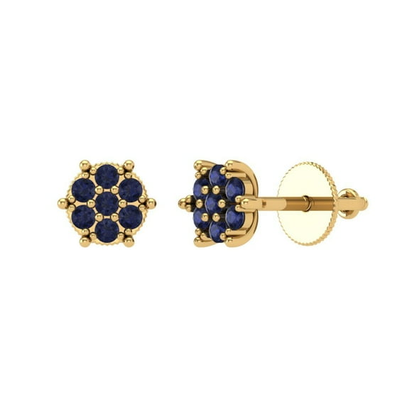 14K Solid Gold Screw Back Stud Earrings for Women | 0.35 cttw Round Cut Simulated Blue Sapphire | Yellow Gold