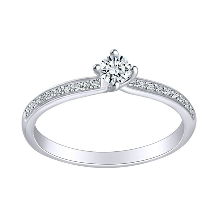 AFFY 0.3 Carat Ctw Round Shape White Natural Diamond Solitaire Engagement Ring In 14k Solid White Gold Ring Size 6