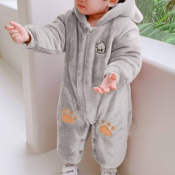 0-3 Months Baby Boy Girls Winter Warm Rompers Unisex Newborn Fleece Outfits Bodysuits Toddler Baby Boys Girls Color Plush Cute Cartoon Winter Thick Keep Warm Jumpsuit Romper Gray