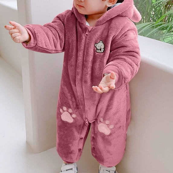 0-3 Months Baby Boy Girls Winter Warm Rompers Unisex Newborn Fleece Outfits Bodysuits Toddler Baby Boys Girls Color Plush Cute Cartoon Winter Thick Keep Warm Jumpsuit Romper Hot Pink