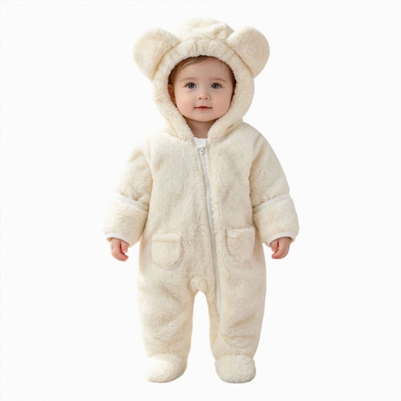 0-3 Months Baby Boys Girls Jumpsuit Fuzzy Fleece Bear Pocket Hooded