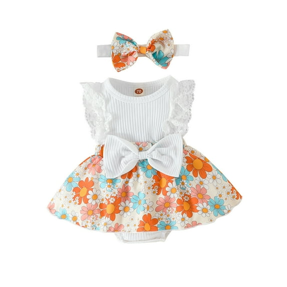 0-3 Months Baby Girl Clothes Romper Dress Ruffle Sleeveless Summer Outfits with Headband Girls' Round Neck Sleeveless Stripe Lace Patchwork Flower Print Jumpsuit White
