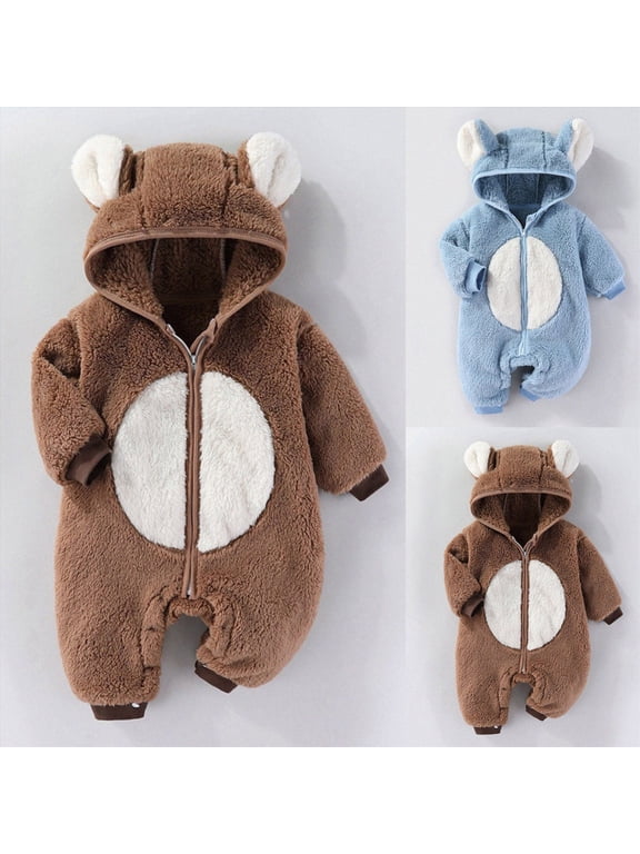 0-3 Months Infant Newborn Boys Girls Fall Winter Hooded Rompers,Soft Plush Fleece Cartoon Romper,Full Front Snap Warm Infant Jumpsuit for Newborn 0 3 6 Months,Blue