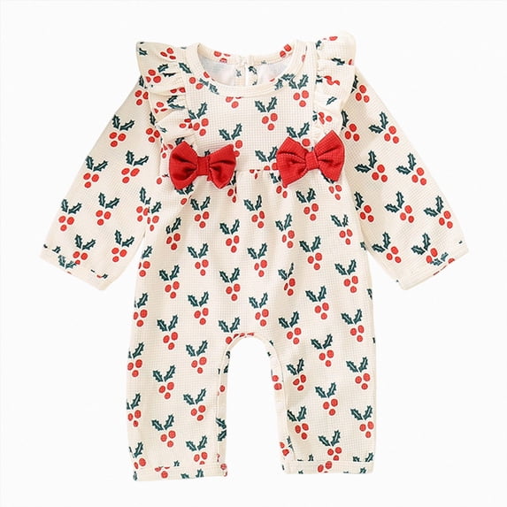 0-3 Months Newborn Baby Christmas Outfit Knit Santa Jumpsuit Romper Ruffle Bodysuit Long Overalls With Bow One-Piece Footed Romper Newborn Gift
