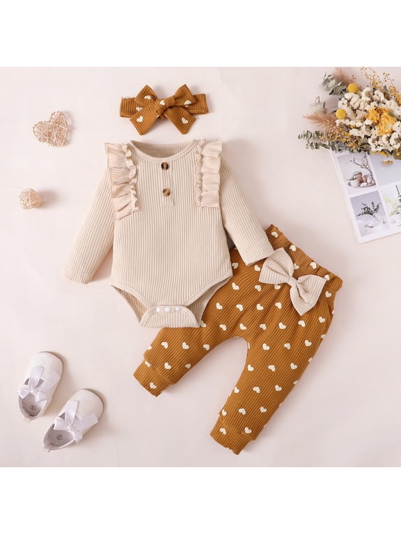 0-3 Months Newborn Baby Girl Clothes Basic Plain Solid Ribbed Knit Ruffle Long Sleeve Romper Pants Headband 3 Piece Outfits Set Khaki