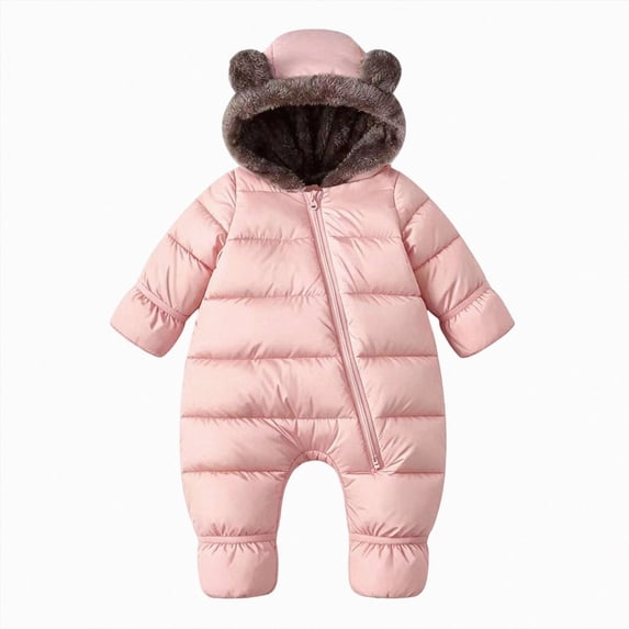 0-3 Months Newborn Baby Winter Snowsuit Fleece Lined Hooded Footed Romper With Cute Bear Ears Infant Zipper Padded Jumpsuit One-Piece Footed Romper Newborn Gift