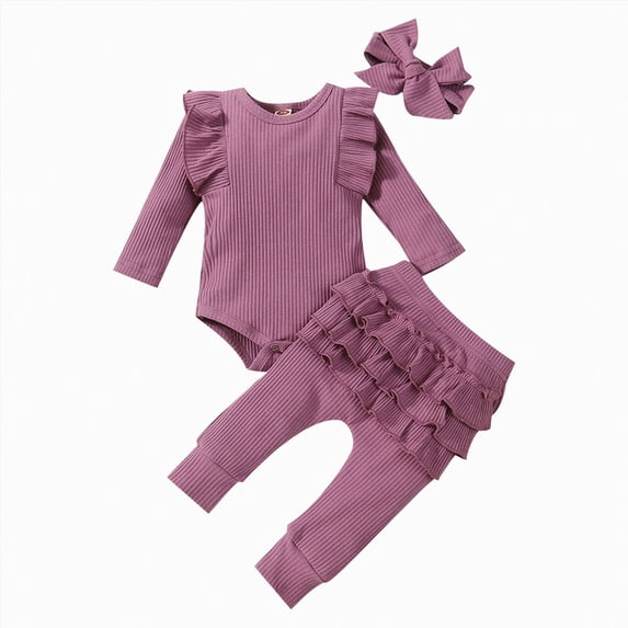 0-3 Months Newborn Bodysuit Baby Girls Three Piece Ribbed Ruffle Long Sleeve Bodysuit And Pants Set With Bow Long Sleeve Sleeper Jumpsuit Purple Infant Gift