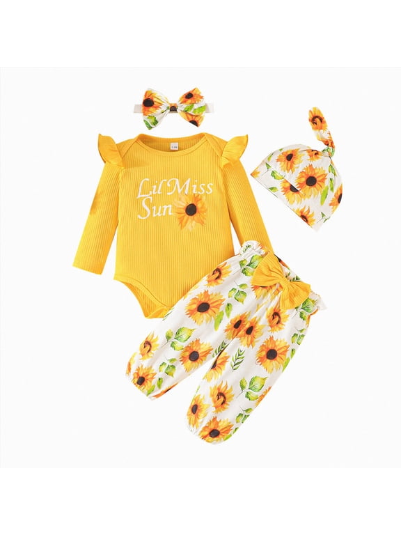0-3 Months Newborn Bodysuit Romper Baby Girls Set Cute Cartoon Print Top Pants Hairband Hat Set Jumpsuit Long Sleeve Bodysuit Cute Newborn Clothes,Yellow Jumpsuit One-Piece Jumpsuit