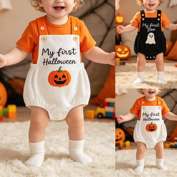 0-3 Months Newborn Boys' Climbing Clothes Halloween Cute Baby Jumpsuit Baby Pumpkin Embroidery Suspender Climbing Clothes Outdoor Clothes One-Piece Jumpsuit Newborn Gift
