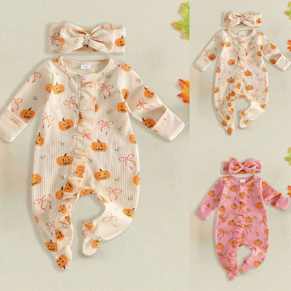 0-3 Months Newborn Halloween Romper For All Over Pumpkin Long Sleeves Footed One-Piece Romper Newborn Pajamas