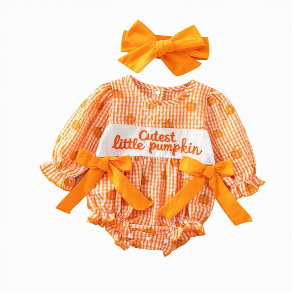 0-3 Months Newborn Preemie Infant Baby Bodysuit Romper Bodysuit Girls Jumpsuit Crawling Dress Halloween Baby Girl Long Sleeve Bow Orange Bodysuit Baby Fall Winter Clothing Gift