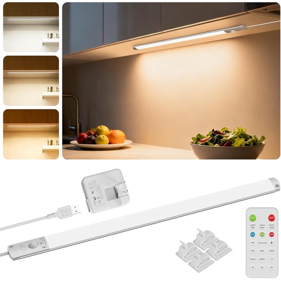 0.3" Ultra Thin Motion Sensor Under Cabinet Lights Plug in, 400LM 3 Color Dimmable LED Light Bar with Remote, USB Wired Under Counter Lighting for Kitchen Desk Shelf Workbench (No Battery), 17inch