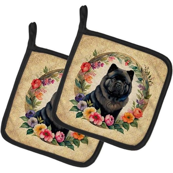 0.3 x 7.5 x 7.5 in. Black Chow Chow & Flowers Pot Holders, Set of 2