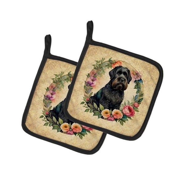 0.3 x 7.5 x 7.5 in. Black Russian Terrier & Flowers Pot Holders, Set of 2