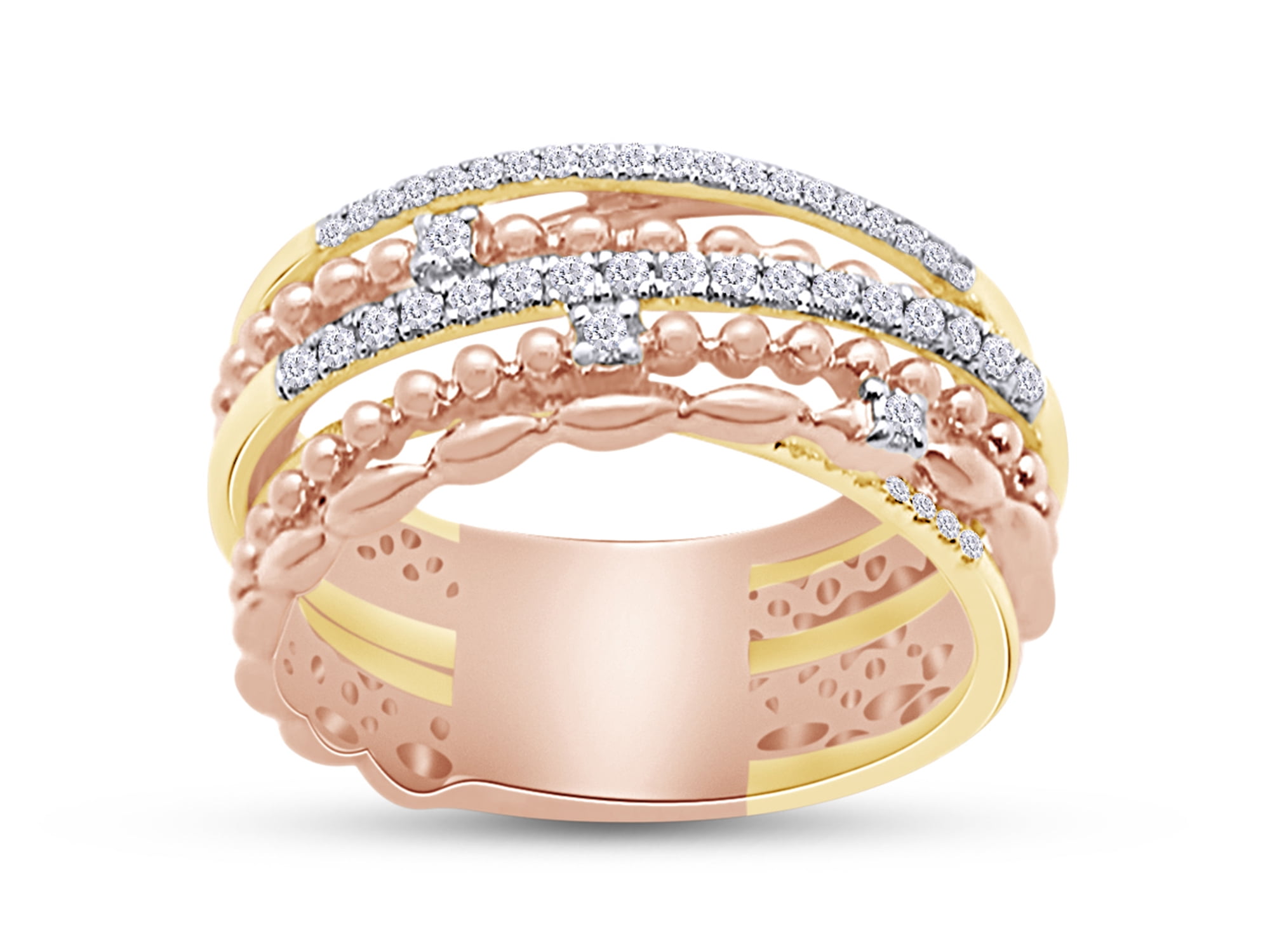 0.30 Carat (Cttw) Round Cut White Natural Diamond Two Tone Chris Cross Engagement Promise Ring In 14K Rose Gold Over Sterling Silver For Women (Clarity : I2-I3,Color : I-J) Ring Size-5