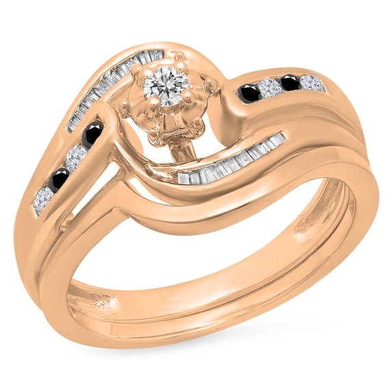 0.30 Carat (ctw) 10K Rose Gold Round & Baguette Cut Black & White Diamond Ladies Bypass Twisted Style Bridal Engagement