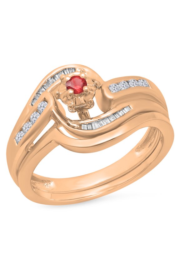 0.30 Carat (ctw) 10K Rose Gold Round & Baguette Cut Ruby & White Diamond Ladies Bypass Twisted Style Bridal Engagement R