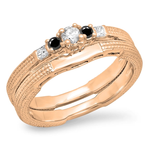 0.30 Carat (ctw) 10K Rose Gold Round & Princess Black & White Diamond Ladies 5 Stone Bridal Engagement Ring Matching Ban