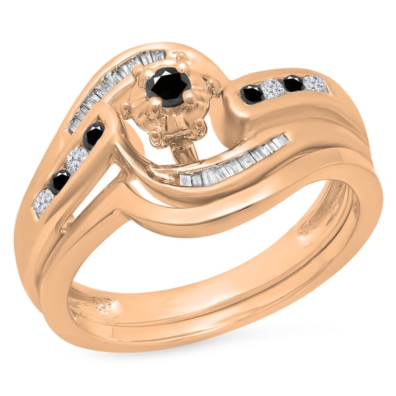 0.30 Carat (ctw) 14K Rose Gold Round & Baguette Cut Black & White Diamond Ladies Bypass Twisted Style Bridal Engagement