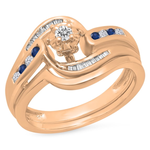 0.30 Carat (ctw) 14K Rose Gold Round & Baguette Cut Blue Sapphire & White Diamond Ladies Bypass Twisted Style Bridal Eng