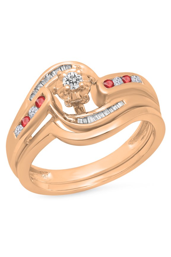 0.30 Carat (ctw) 14K Rose Gold Round & Baguette Cut Ruby & White Diamond Ladies Bypass Twisted Style Bridal Engagement R