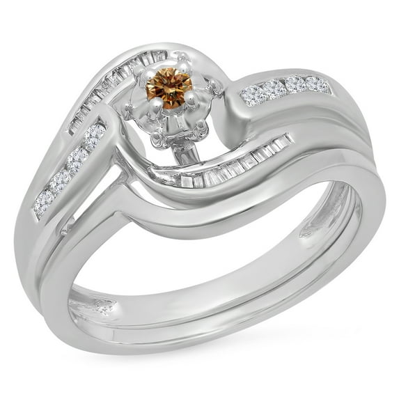 0.30 Carat (ctw) 14K White Gold Round & Baguette Cut Champagne & White Diamond Ladies Bypass Twisted Style Bridal Engage