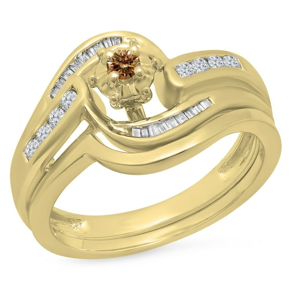 0.30 Carat (ctw) 14K Yellow Gold Round & Baguette Cut Champagne & White Diamond Ladies Bypass Twisted Style Bridal Engag