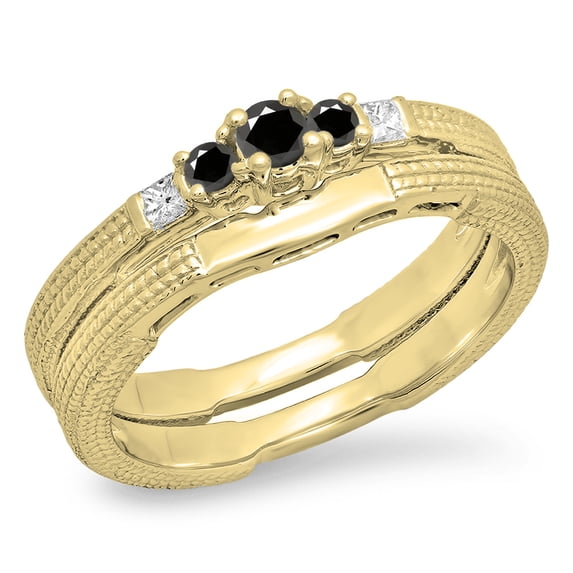 0.30 Carat (ctw) 14K Yellow Gold Round & Princess Black & White Diamond Ladies 5 Stone Bridal Engagement Ring Matching B