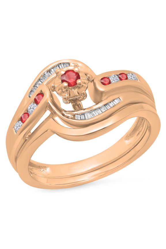 0.30 Carat (ctw) 18K Rose Gold Round & Baguette Cut Ruby & White Diamond Ladies Bypass Twisted Style Bridal Engagement R