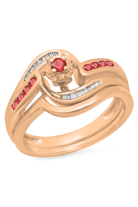0.30 Carat (ctw) 18K Rose Gold Round & Baguette Cut Ruby & White Diamond Ladies Bypass Twisted Style Bridal Engagement R