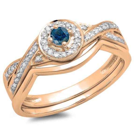 0.30 Carat (ctw) 18K Rose Gold Round Blue & White Diamond Ladies Bridal Halo Split Shank Engagement Ring Set 1/3 CT