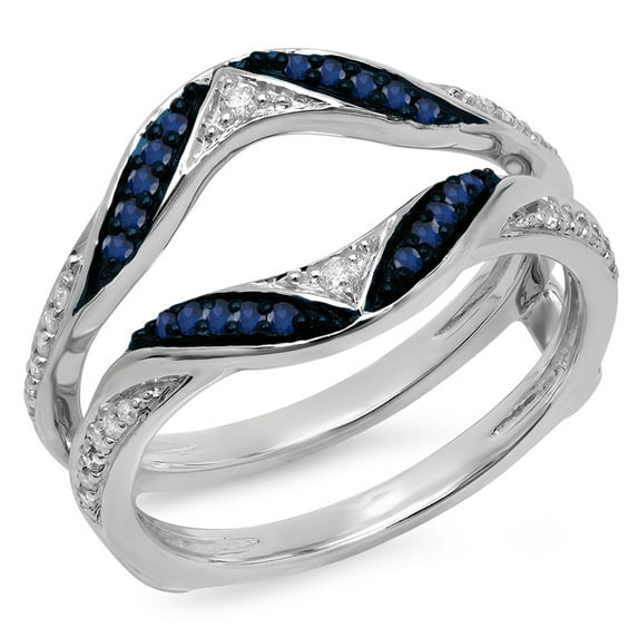 0.30 Carat (ctw) 18K White Gold Round Blue Sapphire & White Diamond Ladies Anniversary Wedding Band Guard Double Ring 1/
