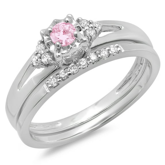 0.30 Carat (ctw) 18K White Gold Round Pink Sapphire & White Diamond Ladies Split Shank Bridal Engagement Ring Set With M