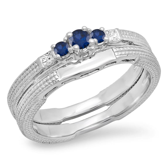 0.30 Carat (ctw) 18K White Gold Round & Princess Blue Sapphire & White Diamond Ladies 5 Stone Bridal Engagement Ring Mat