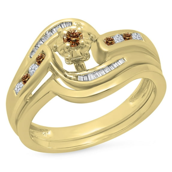 0.30 Carat (ctw) 18K Yellow Gold Round & Baguette Cut Champagne & White Diamond Ladies Bypass Twisted Style Bridal Engag