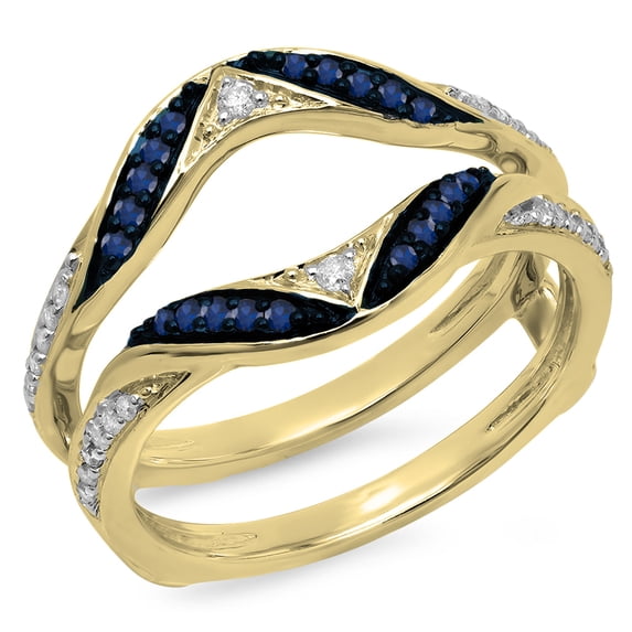 0.30 Carat (ctw) 18K Yellow Gold Round Blue Sapphire & White Diamond Ladies Anniversary Wedding Band Guard Double Ring 1