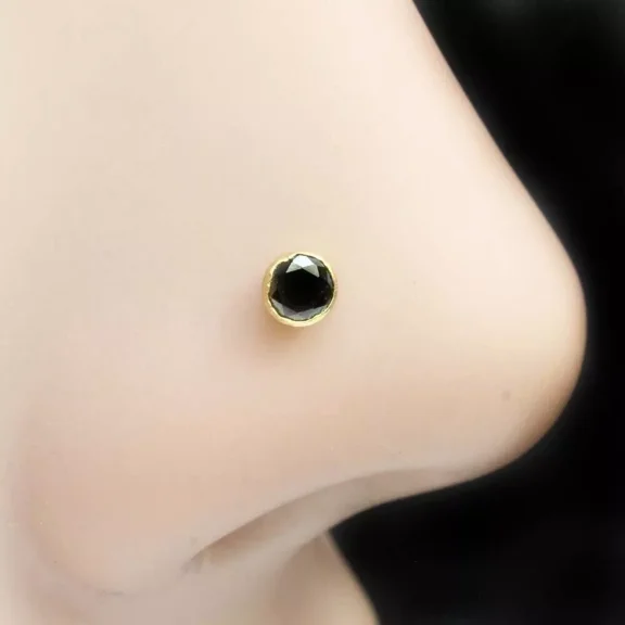 0.30 Ct Round Cut Lab Created Black Diamond Stud Nose Pin 14k Yellow Gold Finish