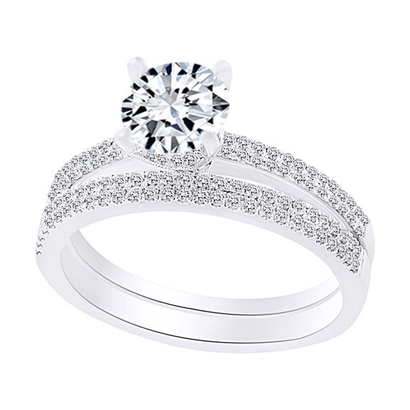 AFFY 0.31 Carat Round Shape White Natural Diamond Two Row Semi Mount Ring Set 18k Solid White Gold Ring Size-5