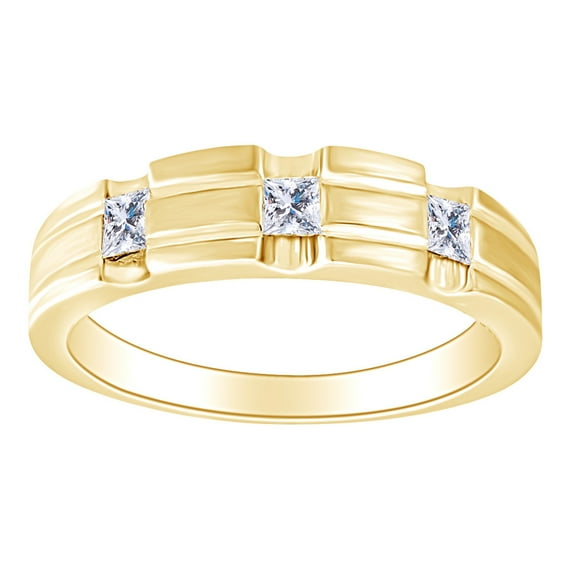 AFFY 0.32 Carat Princess Shape White Natural Diamond Men's Three Stone Wedding Band Ring 14K Solid Gold