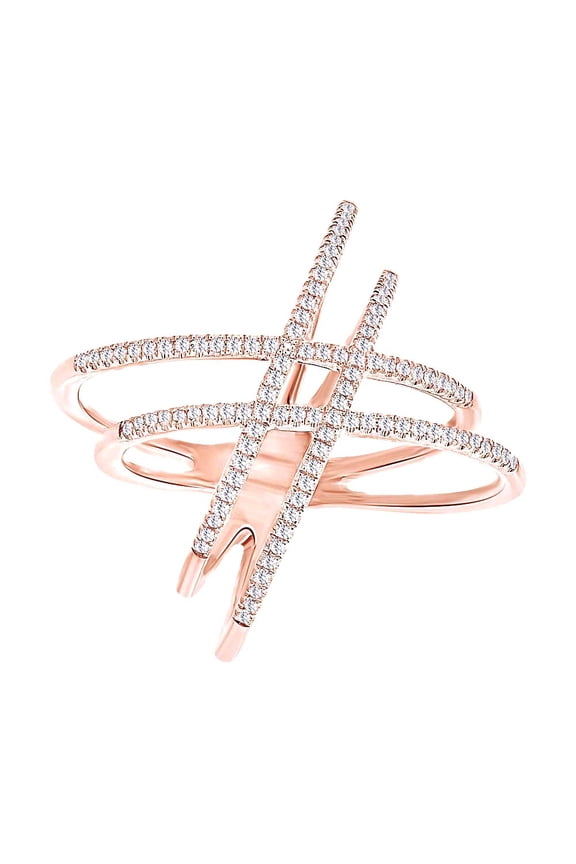 0.32 Cttw Round Cut White Natural Diamond Dual Crossover Band Ring In 10K Solid Rose Gold,Ring Size: 14