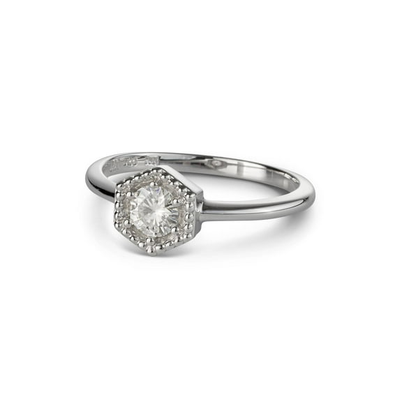 0.33 CTW DEW Round Moissanite Hexagon Milgrain Halo Ring in Sterling Silver