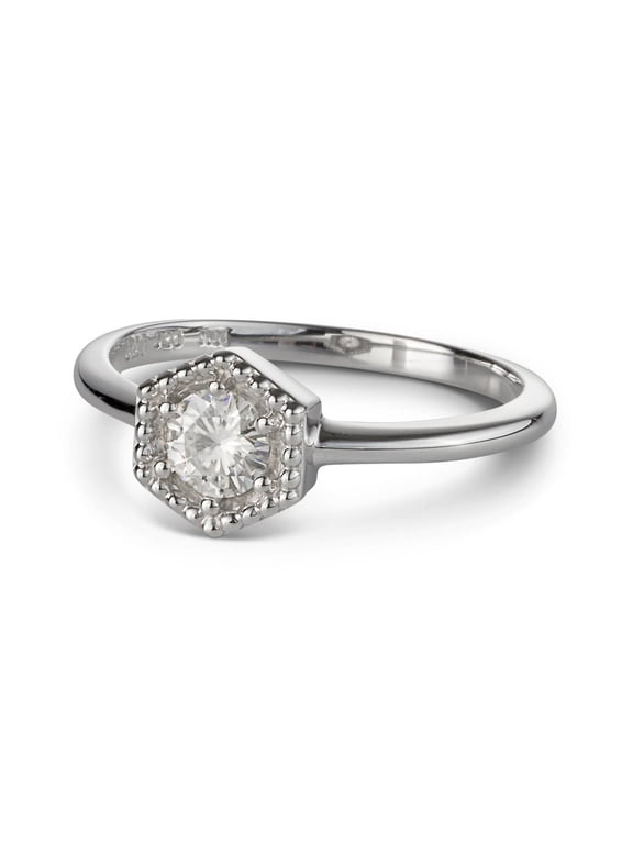 0.33 CTW DEW Round Moissanite Hexagon Milgrain Halo Ring in Sterling Silver