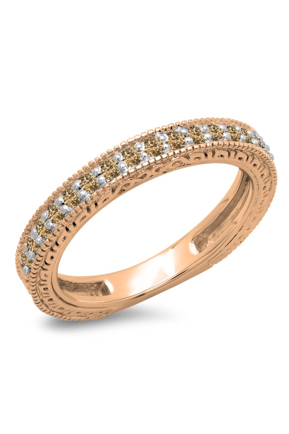 0.33 Carat (ctw) 10K Rose Gold Round Cut Champagne Diamonds Ladies Millgrain Anniversary Wedding Stackable Band 1/3 CT
