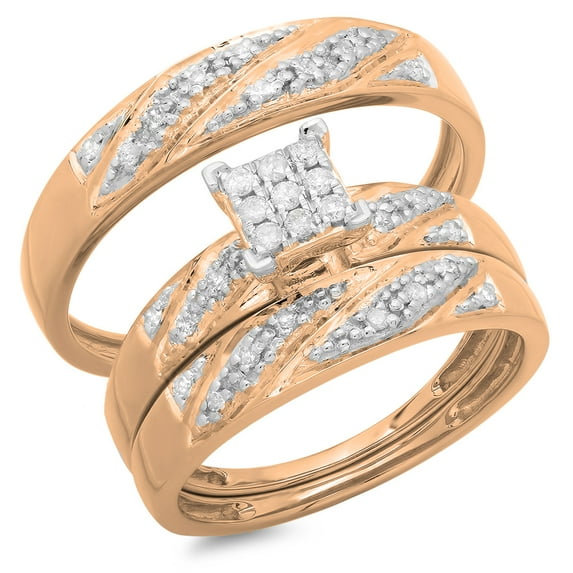 0.33 Carat (ctw) 10K Rose Gold Round Cut Diamond Men & Women's Cluster Engagement Ring Trio Bridal Set 1/3 CT
