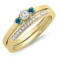 thumbnail image 1 of 0.33 Carat (ctw) 10K Yellow Gold Round Cut White & Blue Diamond Ladies Bridal Engagement 3 Stone Ring With Matching Wedd, 1 of 1